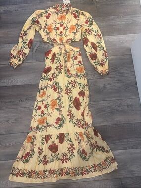 FARM Rio Yellow Floral Cutout Maxi with Red & Orange Blooms
